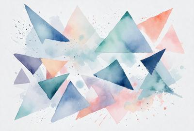 The image is a watercolor painting featuring a colorful pattern of triangles. The triangles are arranged in various shapes and sizes, creating a visually appealing and dynamic composition. The painting is set against a white background, which allows the vibrant colors of the triangles to stand out. The overall atmosphere of the painting is lively and energetic, reflecting the creativity and skill of the artist.