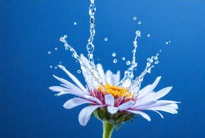 The primary subject of the image is a white flower with a yellow center, surrounded by water droplets. The setting is a blue background, which adds a sense of depth and contrast to the scene. The visual style is a close-up of the flower, showcasing its details and beauty. The colors and mood of the image are predominantly white and blue, creating a serene and calming atmosphere.