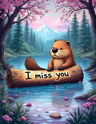 The primary subject of the image is a cute cartoon bear sitting on a tree stump in a forest. The setting is a serene forest with a body of water nearby. The visual style is a digital art or illustration, creating a whimsical and playful atmosphere. The colors are predominantly green and brown, reflecting the natural environment of the forest.