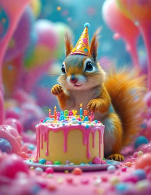 The primary subject of the image is a small, cute, and colorful squirrel standing next to a birthday cake. The cake is decorated with candles and has a pink frosting. The squirrel is wearing a party hat, adding to the festive atmosphere. The setting appears to be a playful and imaginative scene, possibly created through digital art or illustration. The colors and mood of the image are cheerful and lighthearted, with the pink frosting