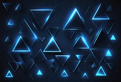 The primary subject of the image is a collection of blue triangles. The setting is a dark background, which creates a contrast with the blue triangles. The visual style is digital art, as the triangles are arranged in a pattern and the overall atmosphere is one of modernity and sophistication.
