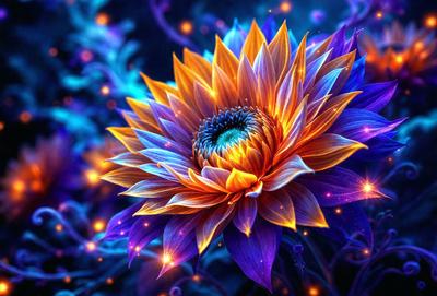 The primary subject of the image is a large, vibrant flower with a purple and orange hue. The flower is the focal point of the scene, and it is set against a backdrop of a purple and blue sky. The visual style of the image is a combination of photo and digital art, creating a unique and eye-catching representation of the flower. The colors and mood of the image are lively and energetic, with the purple and orange tones evoking a sense of warmth and