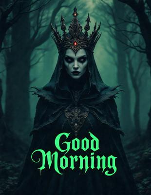 Good Morning: A woman wearing a crown and a black dress, standing in a forest.