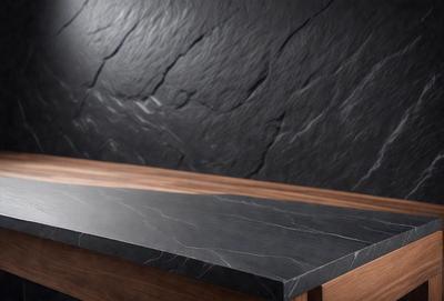 The primary subject of the image is a wooden table with a black marble top. The table is placed against a wall with a black and grey stone pattern. The setting appears to be a room with a black and grey stone wall, which adds a modern and sophisticated touch to the space. The visual style of the image is a photo, capturing the details of the table and the stone wall. The colors and mood of the image are predominantly black and grey, creating a sleek and contemporary atmosphere.
