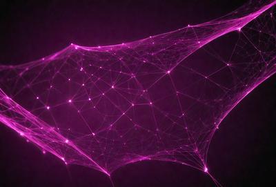 The primary subject of the image is a purple web with a pattern of pink dots. The setting is a dark background, which contrasts with the bright pink dots. The visual style is a combination of digital art and illustration, creating a unique and eye-catching design. The colors and mood of the image are predominantly pink and purple, giving it a vibrant and lively atmosphere.