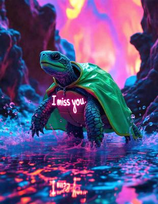 The primary subject of the image is a green turtle with a cape on, standing in a body of water. The setting is a colorful, aquatic environment with a purple background. The visual style is a digital art or illustration, creating a whimsical and playful atmosphere. The dominant colors are green, purple, and blue, with the turtle being the main focus of the scene.