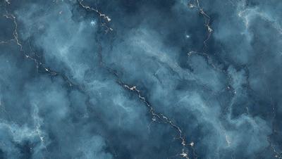 The primary subject of the image is a blue marble wall with a pattern of light and dark blue. The setting is a room with a blue marble floor. The visual style is a digital art, and the colors and mood are predominantly blue, creating a calm and serene atmosphere.