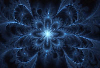 The primary subject of the image is a blue and white flower with a bright center. The setting is a dark background, which contrasts with the vibrant colors of the flower. The visual style is a digital art or illustration, creating a unique and eye-catching design. The dominant colors are blue and white, with the bright center adding a pop of color to the overall atmosphere.