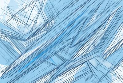 The primary subject of the image is a blue and white drawing of a building. The setting is a blue background, and the visual style appears to be a digital art or illustration. The drawing features a mix of blue and white colors, creating a calm and serene atmosphere.