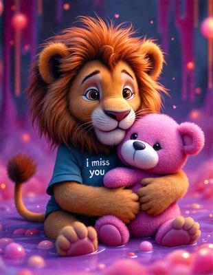 Lion: The primary subject of the image is a lion, which is a large, brown, and fluffy animal.

Setting/background: The lion is sitting on a purple surface, which could be a carpet or a bed.

Visual style: The image is a digital art or illustration, featuring a lion and a teddy bear.

Colors and mood: The colors in the image are predominantly purple and brown, creating a warm and cozy atmosphere.