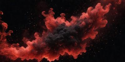 The primary subject of the image is a large, red, and black cloud. The cloud is surrounded by a dark background, which adds to the dramatic and intense atmosphere of the scene. The visual style of the image is a combination of photo and digital art, creating a striking and unique visual effect. The dominant colors in the image are red and black, which contribute to the overall mood of the scene, evoking a sense of danger or intensity.