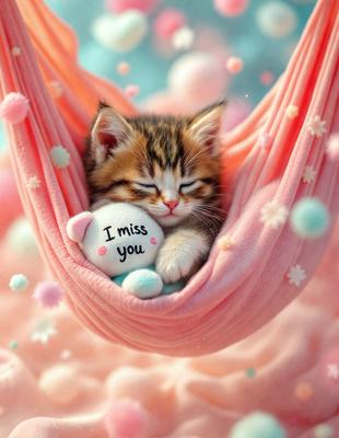The primary subject of the image is a small kitten sitting in a swing, holding a stuffed animal. The setting is a pink and white environment, with a hammock and a stuffed pig. The visual style is a combination of photo and digital art, creating a cute and playful atmosphere. The dominant colors are pink and white, with the kitten being brown and white.