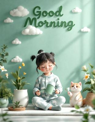 The image features a young girl sitting on a window sill, holding a cup. She is wearing a pajama suit and appears to be enjoying her time. The scene is set in a room with a green wall, and there are several potted plants placed around the area. One of the plants is located near the girl, while the others are scattered throughout the room. The overall atmosphere of the image is calm and cozy, with the girl enjoying her morning routine.