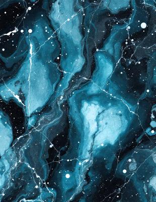 The primary subject of the image is a blue and white marbled surface, which appears to be a wall or a piece of art. The setting is a dark room, and the visual style is a combination of a photo and digital art. The dominant colors are blue and white, creating a calm and serene atmosphere.