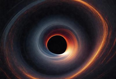 The primary subject of the image is a black hole, which is the main object, scene, or focus of the image. The setting/background features a blue and orange spiral, creating a visually striking contrast with the black hole. The visual style of the image is a combination of photo and digital art, giving it a unique and intriguing appearance. The dominant colors in the image are black, blue, and orange, which contribute to the overall atmosphere of the scene.
