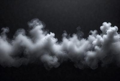 The primary subject of the image is a cloudy, smoky, and foggy scene. The setting is a dark background, which adds to the dramatic atmosphere. The visual style is a combination of photo and digital art, creating a unique and intriguing image. The colors and mood are predominantly dark and moody, with the smoke and fog creating a sense of mystery and depth.