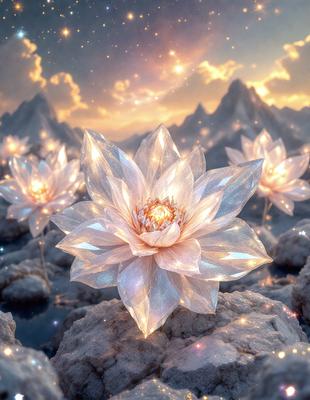 The primary subject of the image is a large, white, and glowing flower. The flower is situated in a rocky, snowy environment, with a mountainous background. The visual style of the image is a combination of photo and digital art, creating a unique and captivating scene. The dominant colors in the image are white and blue, with the white flower standing out against the snowy and rocky backdrop. The overall atmosphere of the image is serene and beautiful, with the glowing flower adding a touch of