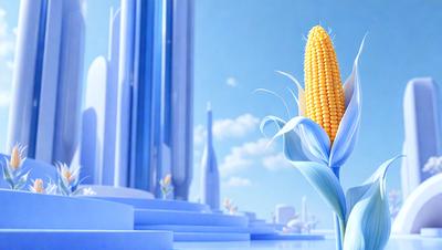 The primary subject of the image is a large, tall, and green corn plant. The setting is a futuristic city with tall buildings in the background. The visual style is a combination of photo and digital art, creating a unique and interesting scene. The dominant colors are green and blue, giving the image a fresh and vibrant atmosphere.