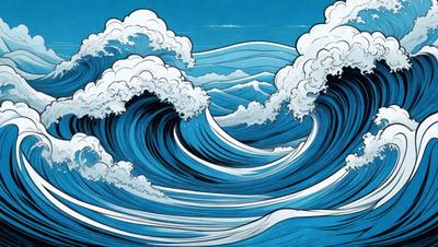 The primary subject of the image is a large wave in the ocean. The wave is depicted in a blue and white color scheme, giving it a vibrant and dynamic appearance. The setting is the ocean, with the wave crashing against the water. The visual style of the image is a combination of digital art and illustration, creating a captivating and realistic representation of the ocean wave. The colors and mood of the image are energetic and lively, capturing the essence of the powerful force of nature.