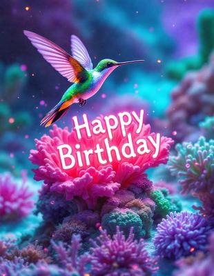 The primary subject of the image is a colorful butterfly, which is flying over a vibrant and lively underwater scene. The setting includes a variety of colorful coral and other marine life, creating a visually stunning and happy birthday atmosphere. The visual style of the image is a combination of photo and digital art, with the butterfly and coral appearing to be realistically rendered while the overall composition and color palette are artistic and eye-catching. The colors and mood of the