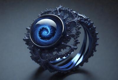 The primary subject of the image is a ring with a blue spiral design on it. The ring is set against a black background, giving it a striking contrast. The visual style of the image is a combination of digital art and illustration, creating a unique and eye-catching design. The colors and mood of the image are predominantly dark, with the blue spiral providing a touch of brightness and intrigue.