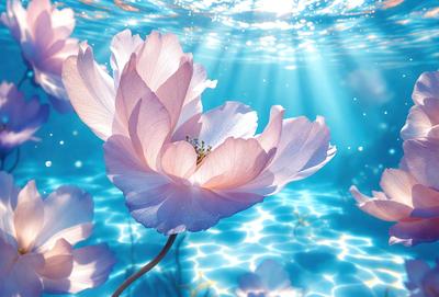 The primary subject of the image is a single pink flower floating in a body of water. The setting is a blue water surface, which could be a lake, river, or ocean. The visual style is a photo, capturing the beauty of the flower in its natural environment. The colors and mood of the image are predominantly pink, creating a serene and peaceful atmosphere.