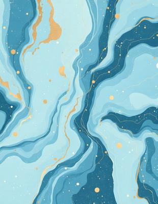 The primary subject of the image is a blue and gold swirling pattern, which appears to be a digital art or illustration. The setting is a blue background, and the visual style is a combination of digital art and illustration. The dominant colors are blue and gold, creating a sense of depth and elegance.