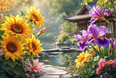 Primary subject: A beautiful garden with a variety of flowers, including sunflowers, purple flowers, and yellow flowers.

Setting/background: The garden is situated next to a pond, creating a serene and picturesque environment.

Visual style: The image is a photo of the garden, capturing the vibrant colors and natural beauty of the flowers.

Colors and mood: The garden is filled with a wide range of colors, from the warm hues of the sunflowers to the cool
