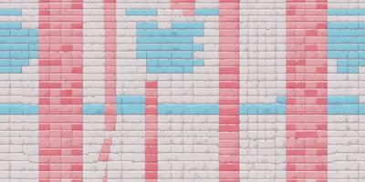 The primary subject of the image is a brick wall with a pattern of red, white, and blue bricks. The setting is a brick wall, and the visual style is a photo. The dominant colors are red, white, and blue, creating a vibrant and lively atmosphere.