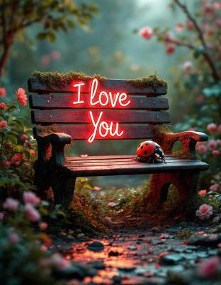 Primary subject: A wooden bench with a neon sign that says "I love you" on it.

Setting/background: The bench is located in a forest, surrounded by trees and flowers.

Visual style: The image is a digital artwork, featuring a creative and unique design.

Colors and mood: The colors in the image are predominantly pink and green, creating a warm and inviting atmosphere.