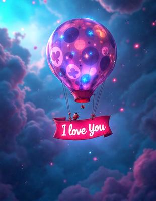 The primary subject of the image is a hot air balloon with a heart-shaped banner that reads "I Love You." The balloon is floating in a cloudy sky, creating a whimsical and romantic atmosphere. The visual style of the image is digital art, with the balloon and banner being the main focus of the scene. The colors in the image are predominantly pink and purple, which contribute to the overall mood of the image, evoking feelings of love and affection.