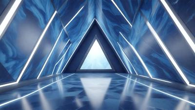 The primary subject of the image is a blue triangle, which is the main object, scene, or focus of the image. The setting/background features a blue and white room with a blue floor, and the visual style appears to be a photo. The colors and mood of the image are predominantly blue, creating a calm and serene atmosphere.