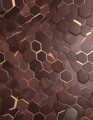 The primary subject of the image is a marble wall with a pattern of hexagons. The setting is a room with a brown marble floor. The visual style is a close-up of the marble wall, showcasing the intricate pattern of hexagons. The colors and mood of the image are warm and earthy, with the brown marble creating a sense of luxury and sophistication.