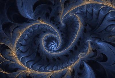 The primary subject of the image is a blue spiral pattern, which appears to be a digital art or illustration. The setting is a dark blue background, creating a contrasting and dramatic effect. The visual style suggests that the image is a creative and artistic representation of a spiral pattern. The colors and mood of the image are predominantly dark and moody, with the blue hue adding a sense of depth and mystery to the scene.