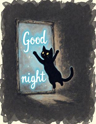 The primary subject of the image is a black cat. The cat is depicted in a drawing or illustration, with a blue background. The cat is reaching out towards the viewer, giving the impression of a friendly and curious feline. The overall atmosphere of the image is warm and inviting, with the cat being the main focus of the scene.