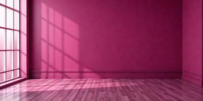 The primary subject of the image is a pink wall with a window. The setting is a room with a hardwood floor. The visual style is a photo, and the colors and mood are predominantly pink, creating a warm and inviting atmosphere.