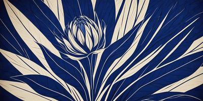 The primary subject of the image is a large, blue and white flower. The setting is a blue and white background, which creates a visually striking contrast with the flower. The visual style of the image is a combination of digital art and illustration, giving it a unique and artistic appearance. The dominant colors in the image are blue and white, which contribute to a calm and serene atmosphere.