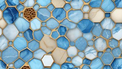 The primary subject of the image is a blue and white marble wall with a honeycomb pattern. The setting is a bathroom, and the visual style is a photo. The dominant colors are blue and white, creating a clean and elegant atmosphere.