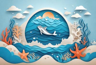 The primary subject of the image is a whale swimming in the ocean. The whale is surrounded by a variety of sea creatures, including fish, a crab, and a starfish. The setting is the ocean, with the whale swimming through the water. The visual style of the image is a combination of digital art and illustration, creating a vibrant and colorful scene. The dominant colors in the image are blue, green, and orange, giving the scene a lively and energetic atmosphere.