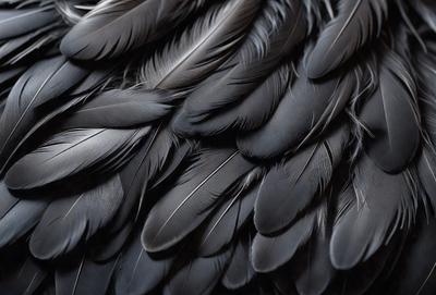 The primary subject of the image is a close-up of a black bird's wing. The setting is a black background, which emphasizes the wing's details. The visual style is a photo, capturing the intricate feathers and structure of the wing. The colors are predominantly black, with the wing's feathers creating a contrasting texture against the dark background. The overall atmosphere is one of elegance and beauty, as the wing's structure and feathers are showcased in the image.