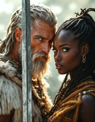 The primary subject of the image is a man and a woman standing close to each other. The man is wearing a beard and has a sword in his hand. The woman is wearing a necklace and has a piercing stare. The setting appears to be a forest, with trees in the background. The visual style of the image is a photo, capturing the couple in a natural environment. The colors and mood of the image are dark and intense, with the woman's piercing gaze adding to the overall