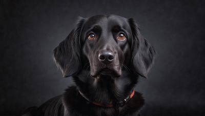 The primary subject of the image is a black dog with a red collar. The dog is looking directly at the camera, and its eyes are open. The setting is a dark background, which contrasts with the dog's fur and the red collar. The visual style is a close-up of the dog's face, emphasizing its features and expression. The colors in the image are predominantly black and red, creating a bold and striking contrast. The overall atmosphere of the image is focused and captivating, as the