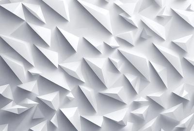 The primary subject of the image is a white wall with a pattern of triangular shapes. The setting is a white room, and the visual style appears to be a digital art or illustration. The dominant colors are white and gray, creating a clean and minimalist atmosphere.