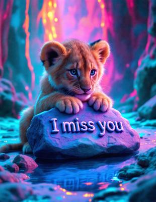 The primary subject of the image is a small lion cub sitting on a rock. The setting is a colorful, digital art environment with a purple background. The visual style is a combination of photo and digital art, creating a unique and vibrant scene. The dominant colors are purple and blue, giving the image a playful and lively atmosphere.
