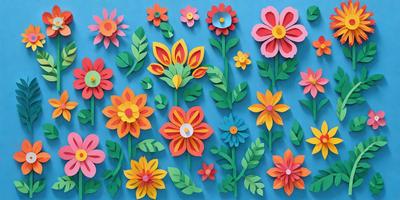 The primary subject of the image is a collection of colorful flowers, which are displayed in various shapes and sizes. The flowers are arranged in a visually appealing manner, creating a vibrant and lively scene. The setting is a blue background, which provides a contrasting and complementary color to the flowers. The visual style of the image is a combination of digital art and illustration, as the flowers are depicted in a detailed and artistic manner. The colors and mood of the image are predominantly bright and cheer