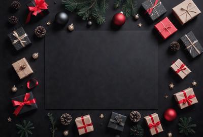 The primary subject of the image is a black frame with a white background. The setting is a Christmas-themed scene, featuring a variety of ornaments and presents. The visual style is a combination of digital art and illustration, creating a festive and colorful atmosphere. The dominant colors are red, white, and black, with the red ornaments and presents adding a vibrant touch to the overall mood.