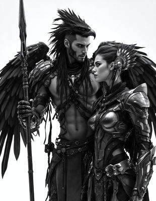 The primary subject of the image is a man and a woman, both dressed in medieval-style armor. They are standing close to each other, with the woman looking at the man. The setting appears to be a fantasy or medieval-themed environment, possibly a digital art or illustration. The colors in the image are predominantly dark, with the armor and clothing of the characters being the main focus. The overall atmosphere of the image is one of adventure and camaraderie between the two characters.