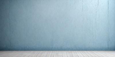 The primary subject of the image is a blue wall with a white wooden floor. The setting is a room with a blue wall, and the visual style is a photo. The dominant colors are blue and white, creating a calm and serene atmosphere.
