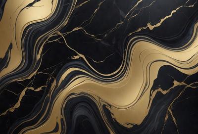 The primary subject of the image is a marble countertop with a gold-colored design. The setting is a kitchen, and the visual style is a close-up of the marble countertop. The colors and mood of the image are predominantly gold and black, creating a luxurious and elegant atmosphere.