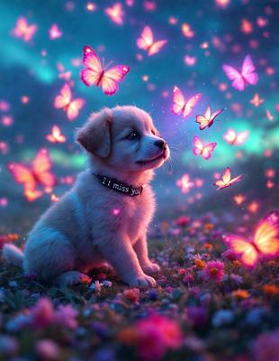The primary subject of the image is a small white dog sitting in a field of flowers. The dog is wearing a collar and appears to be looking up at the sky. The setting is a lush, colorful field with a variety of flowers, creating a vibrant and cheerful atmosphere. The visual style of the image is a combination of photo and digital art, with the dog and flowers appearing to be painted or drawn onto the photo. The colors and mood of the image are predominantly warm and inviting, with